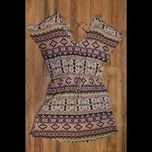 Timing | Tan Tribal Print Open Shoulder Dress